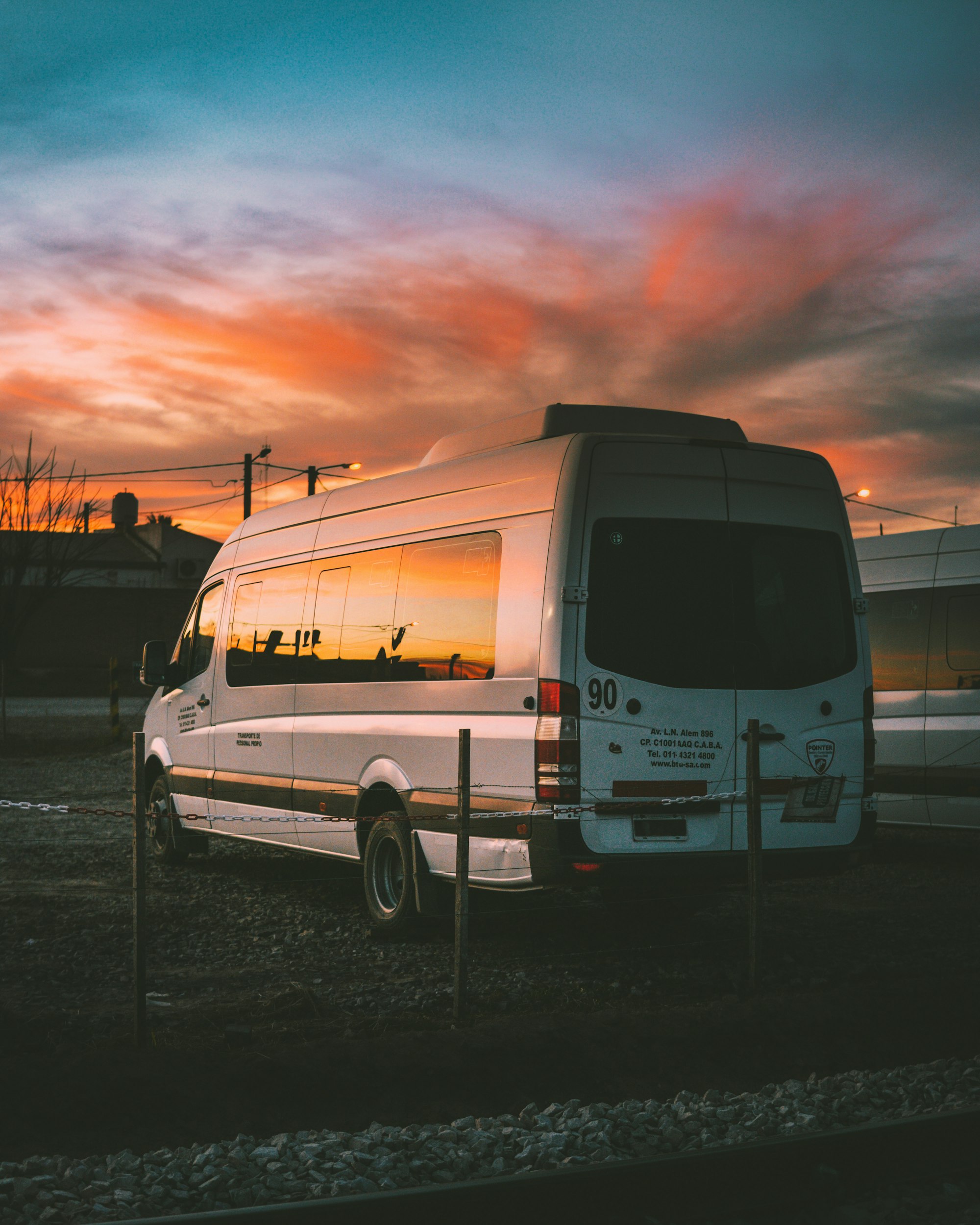 A white Mercedes-Benz Sprinter van parked at sunset — the workhorse of European touring.