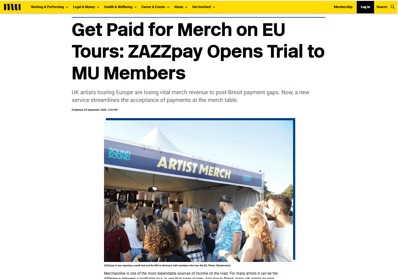 The Musicians' Union website featuring ZAZZpay