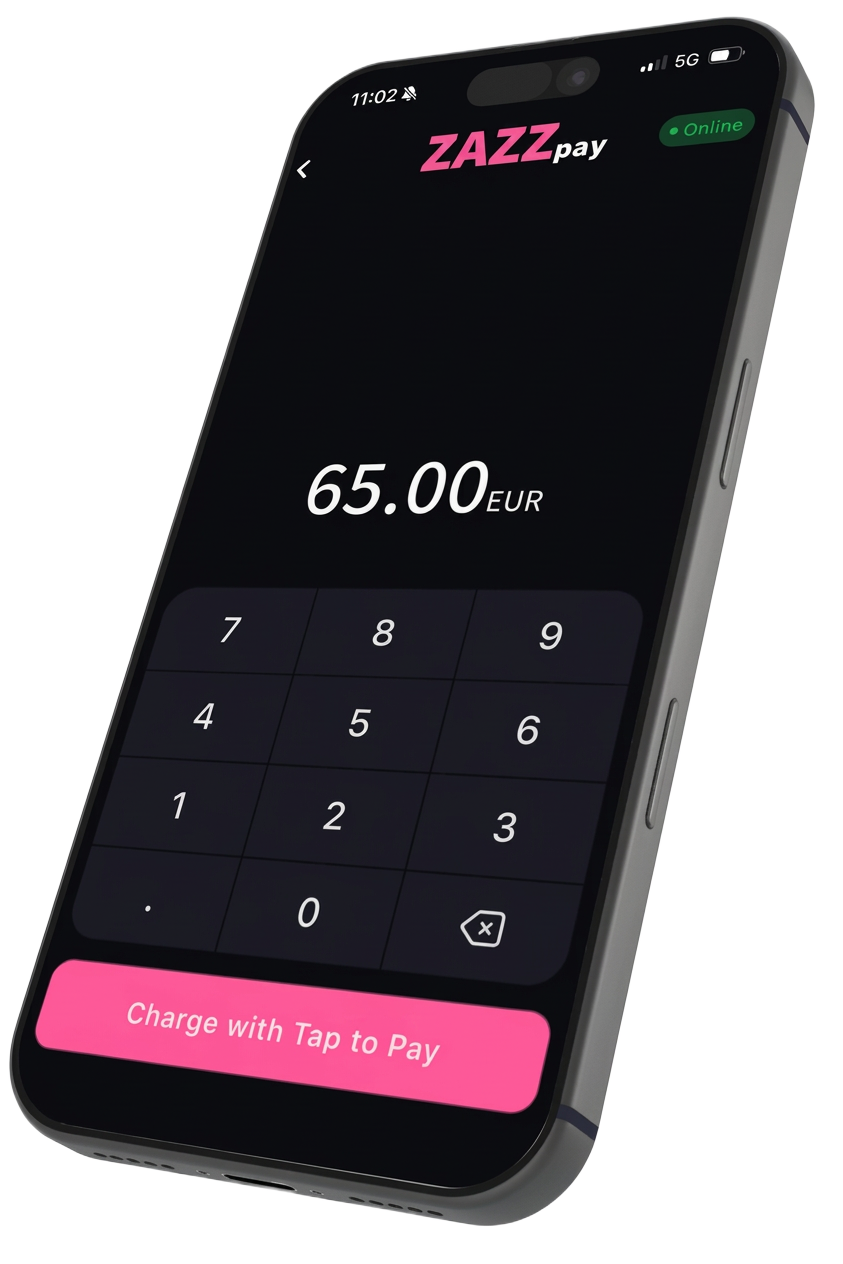 ZAZZpay tap-to-pay screen showing a 65 EUR charge